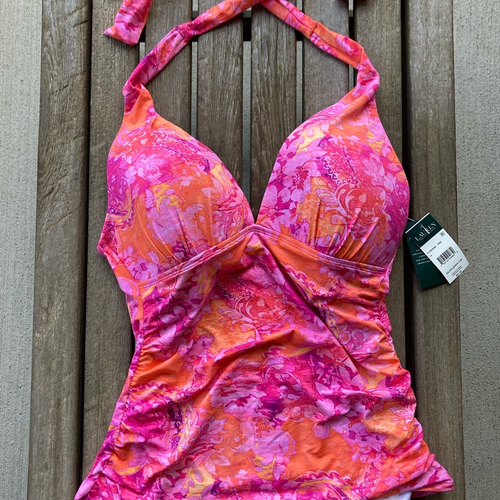 Lauren Ralph Lauren orange/pink floral halter tankini top size 14 new with tags